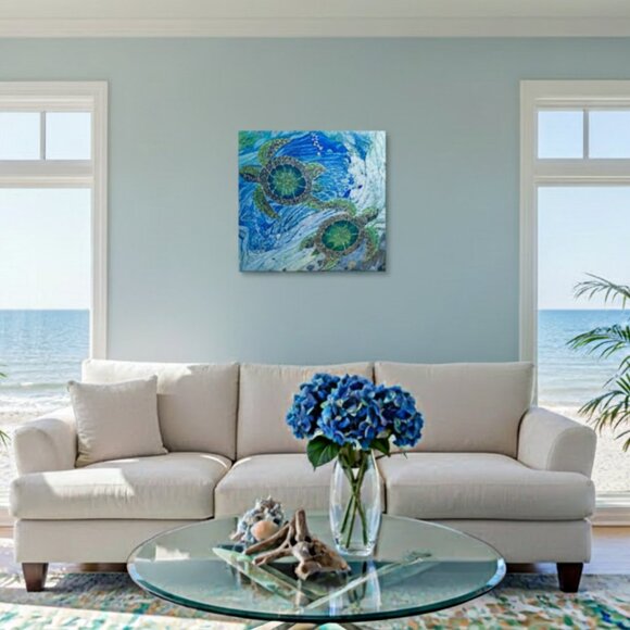 Artisan Other - Hand Crafted Sea Turtle Fluid Wall Art Painting